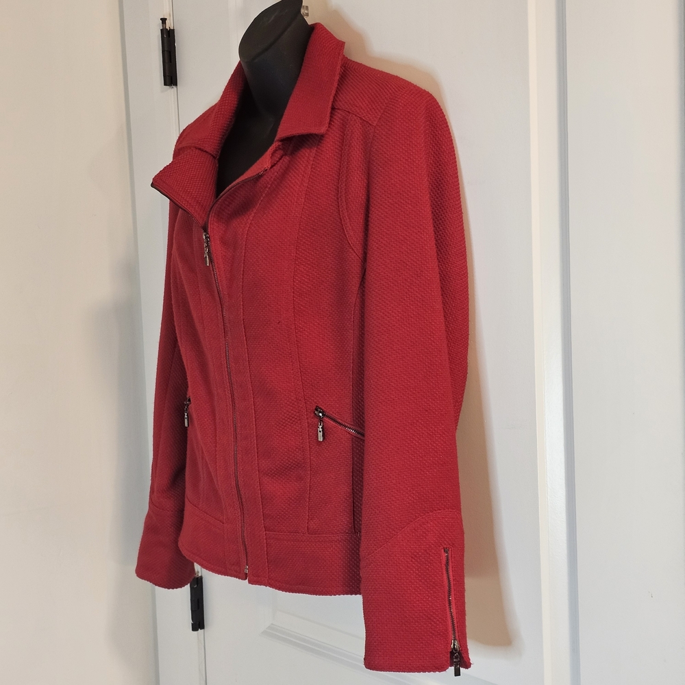 [Conrad C] Vibrant Red Collared Zip Up Warm Textured Warm Coat Stretchy W 12